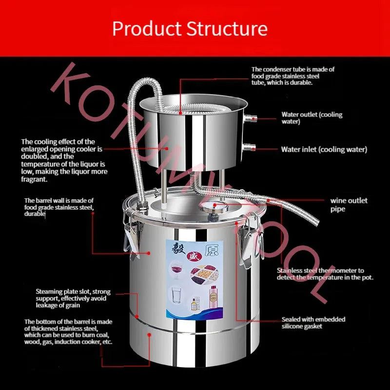 10L Water Alcohol Distiller Stainless Steel DIY Moonshine Equipment for Whisky Wine Still Home Brewing Kit