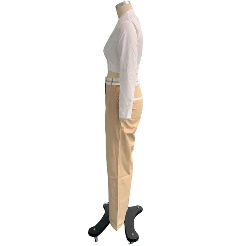 Women Two Piece Set Fashion Solid Long Sleeve Lapel V Neck High Single Button Short Top Loose With Pockets Pants Sets