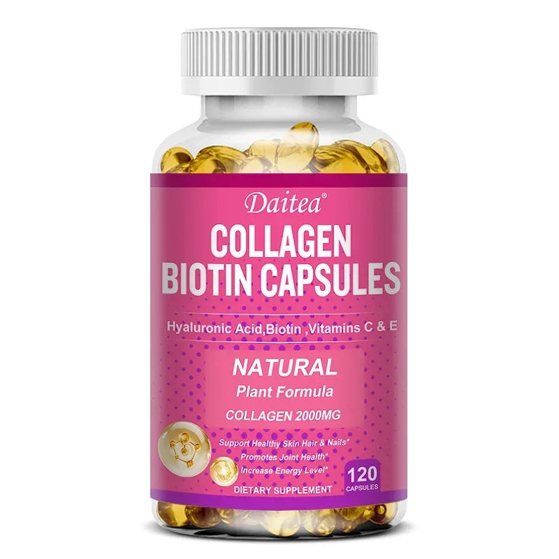 Collagen Biotin Supplement - Hyaluronic Acid Biotin Vitamin C E - Hair Skin Nails Joint Support and Energy Boost Vegan Capsules