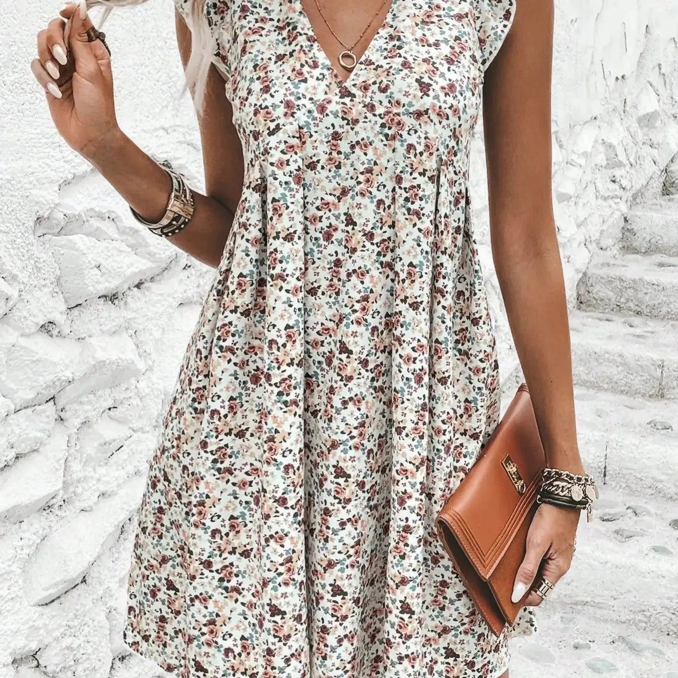 Summer new fashionable V-neck ruffle sleeve floral print short loose casual leak back lace up women's dress, Rear car sexy dress