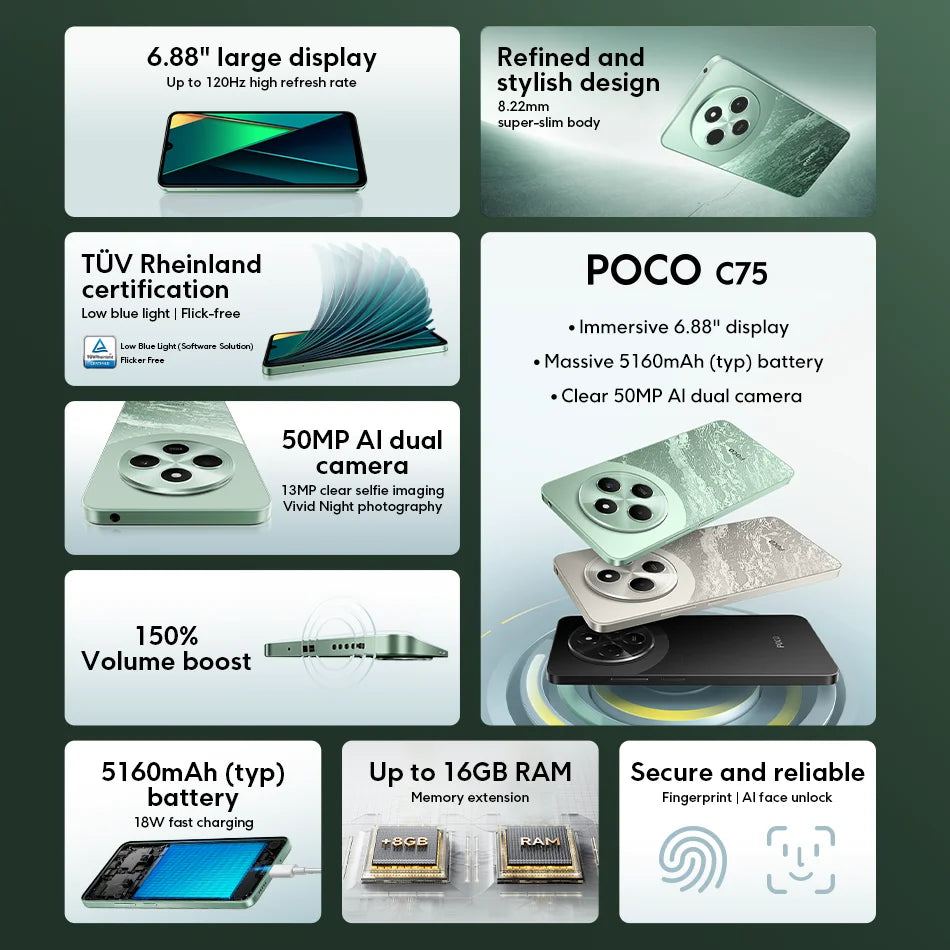 New POCO C75 Global Version Smartphone NFC Helio G81-Ultra 50MP Dual Camera 6.88' 120Hz Display Massive 5160mAh Battery