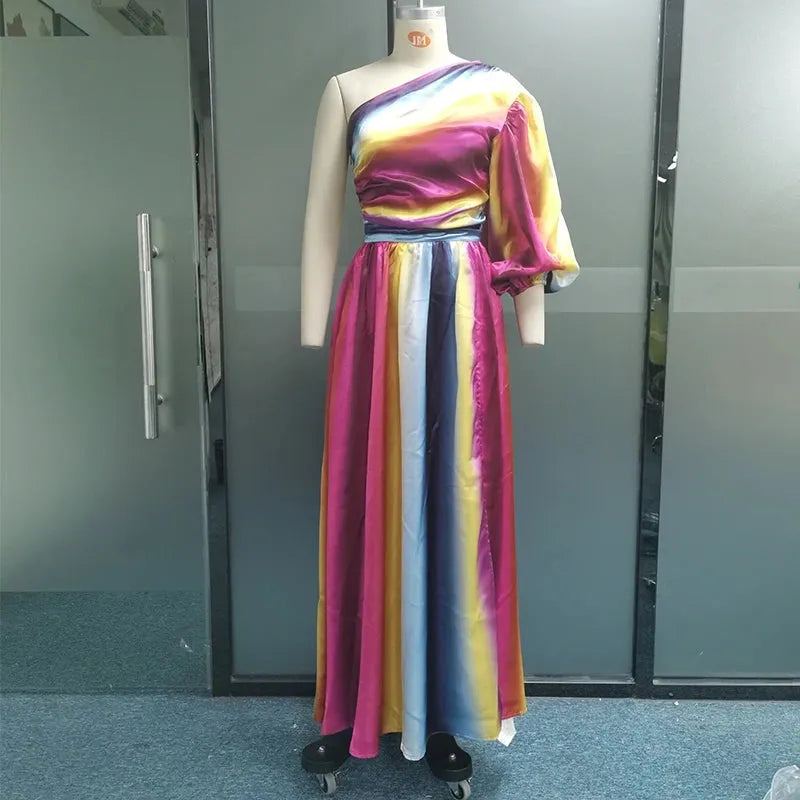 Women Maxi Dress Fashion Colorful Striped One Shoulder