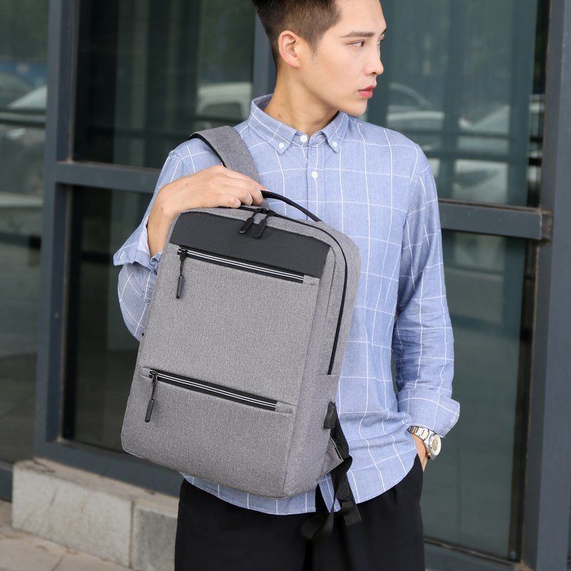 Business Style Black Gray Unisex USB Charging Laptop Backpack Bag