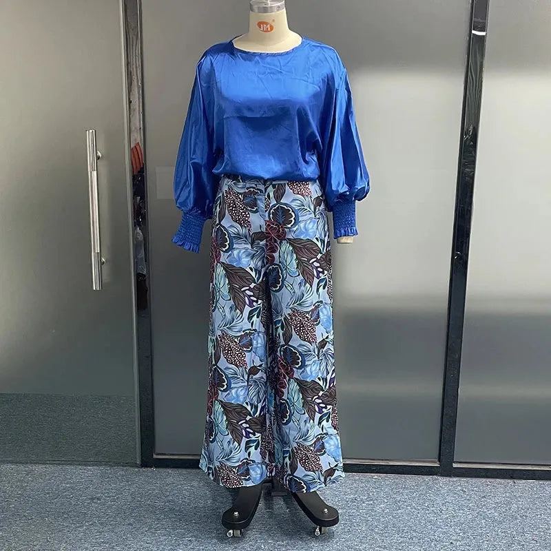 Women Two Piece Set Fashion Long Lantern Sleeve Solid Round Neck Top Loose Wide Legs Print Pants Sets Streetwear