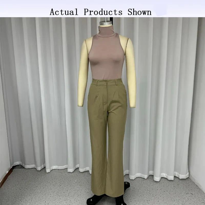 Women Two Piece Set Fashion Simple Solid Sleeveless Turtleneck Slim Tank Top Loose With Pockets Pants Sets Streetwear