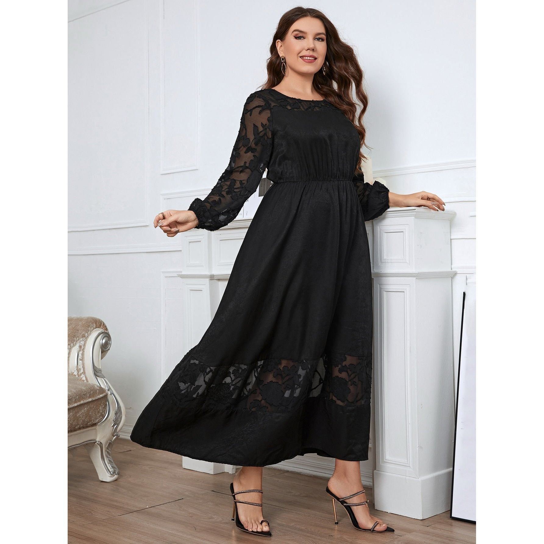 Plus Size Women Clothing Black O Neck Lace Long Sleeves Maxi Dress Ladies Elegant Casual Large Size Dresses - Jointcorp