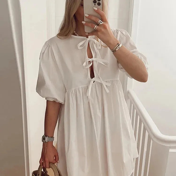 Leopard Print Bow Lace Up Mini Dress for Women O-neck Hollow Out Short Puff Sleeve Sweet Dresses 2024 Summer A-line Lady Vestido