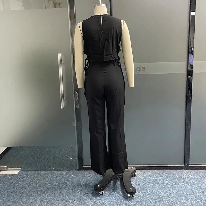Women Two Piece Set Fashion Round Neck Solid Sleeveless Hollow Out Vest Top Loose With Fake Pockets Pants Sets High Streetwear