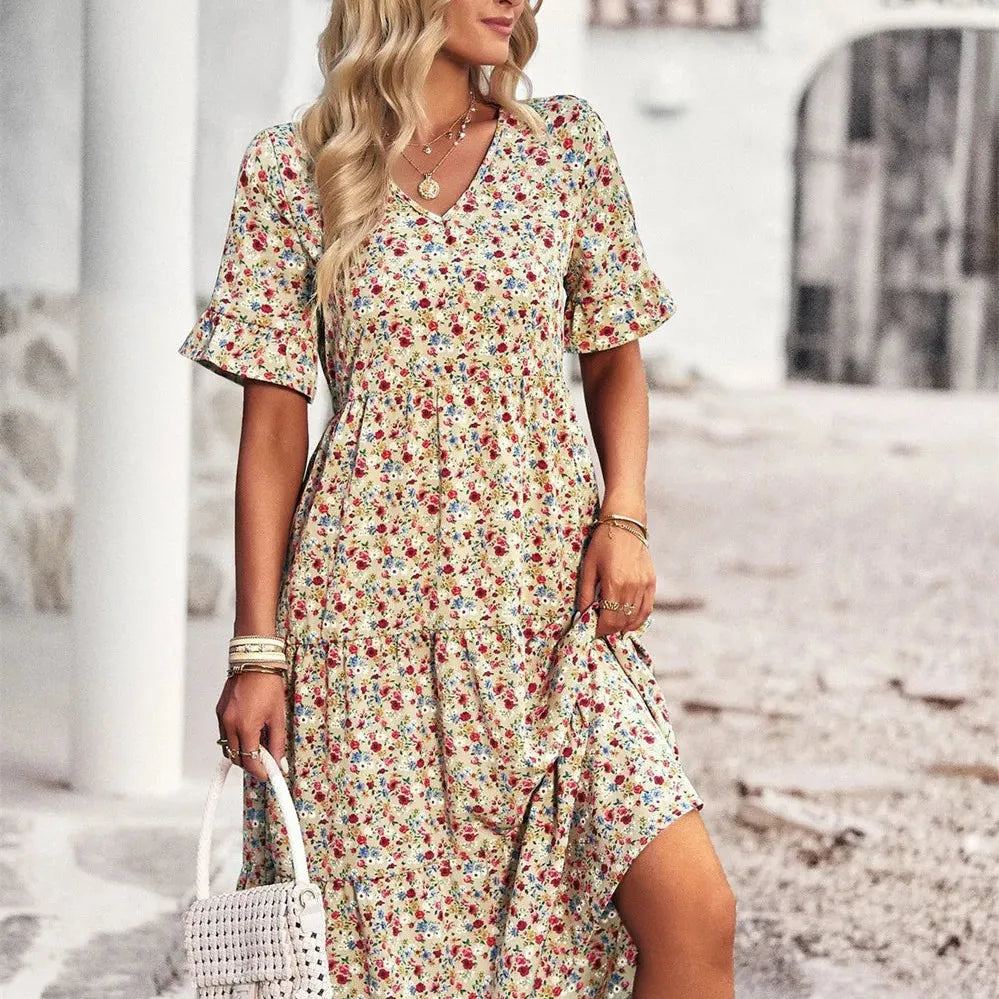 Summer Women V Neck Elegant Printed Short Sleeve High Waist A Line Floral Holiday Dress