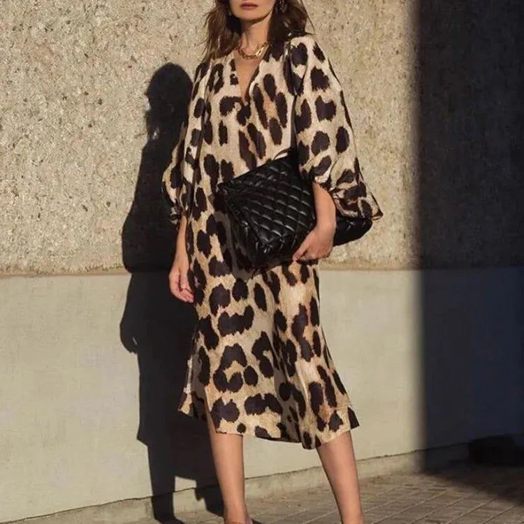 Casual Leopard Print Dress Women Spring Summer V Neck Lantern Sleeve Elegant Party Dresses Vintage Holiday Streetwear