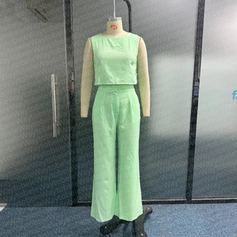 Women Two Piece Set Summer Casual Crew Solid Sleeveless Button Vest Top Loose With Pockets Pants Sets High Streetwear