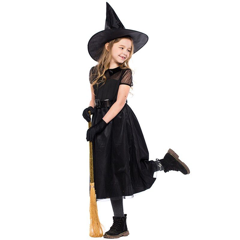 Cute Witch Costume for Kids Girls Pretty Black Fly Witch Costume Halloween Carnival Party Funny Cosplay Uniform