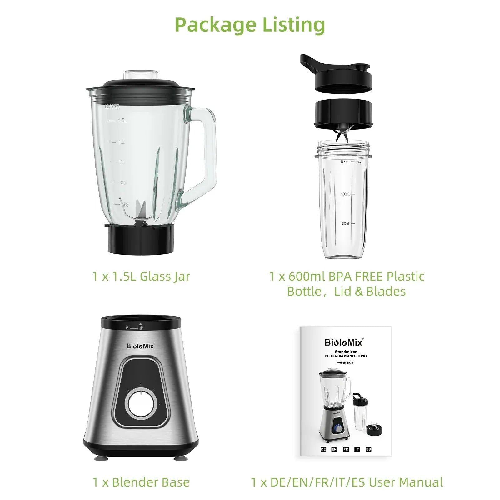 BioloMix 1300W Smoothie Blender with 1.5L Glass Jar, Personal Blenders Combo for Frozen Fruit Drinks, Sauces
