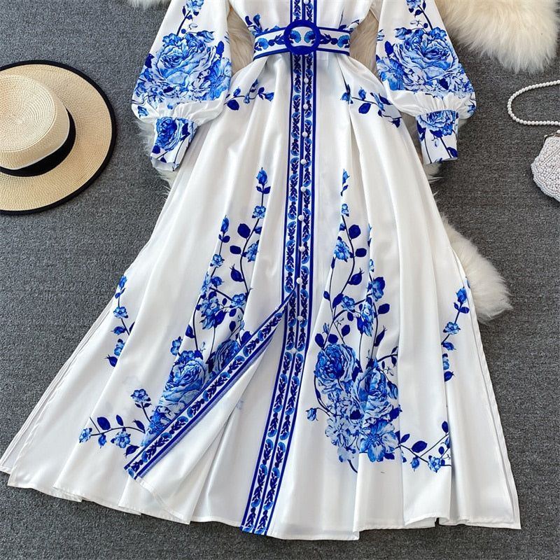 Spring Vintage Flower Print Long Dress With Belt Stand Collar Lantern Sleeve Single-breasted Party Vestido Elegant Women Dresses - Jointcorp