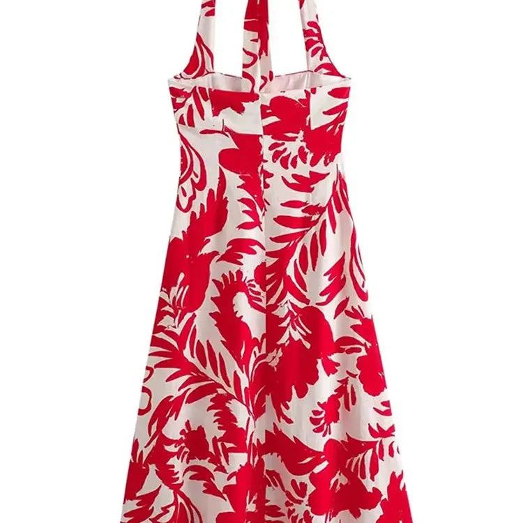 Fashion Red Print Halter Midi Dress Women Slim Off Shoulder Backless Vestidos 2024 New Casual Female Beach Maxi Dresses