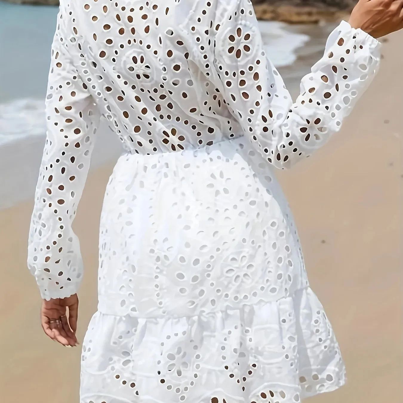 Solid Eyelet Collared Ruffle Hem Dress, Vacation Long Sleeve Waist Dress, Women's Clothing
