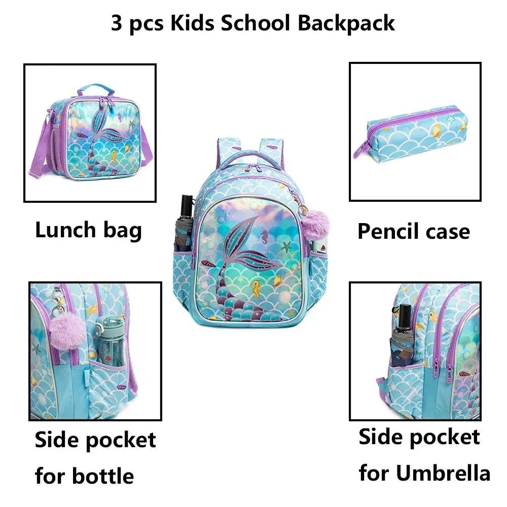 Childrens School Backpack Set with Lunch Bag Pencil Case Waterproof School Bags for Girls Mermaid Backpack Child Girl Book Bag