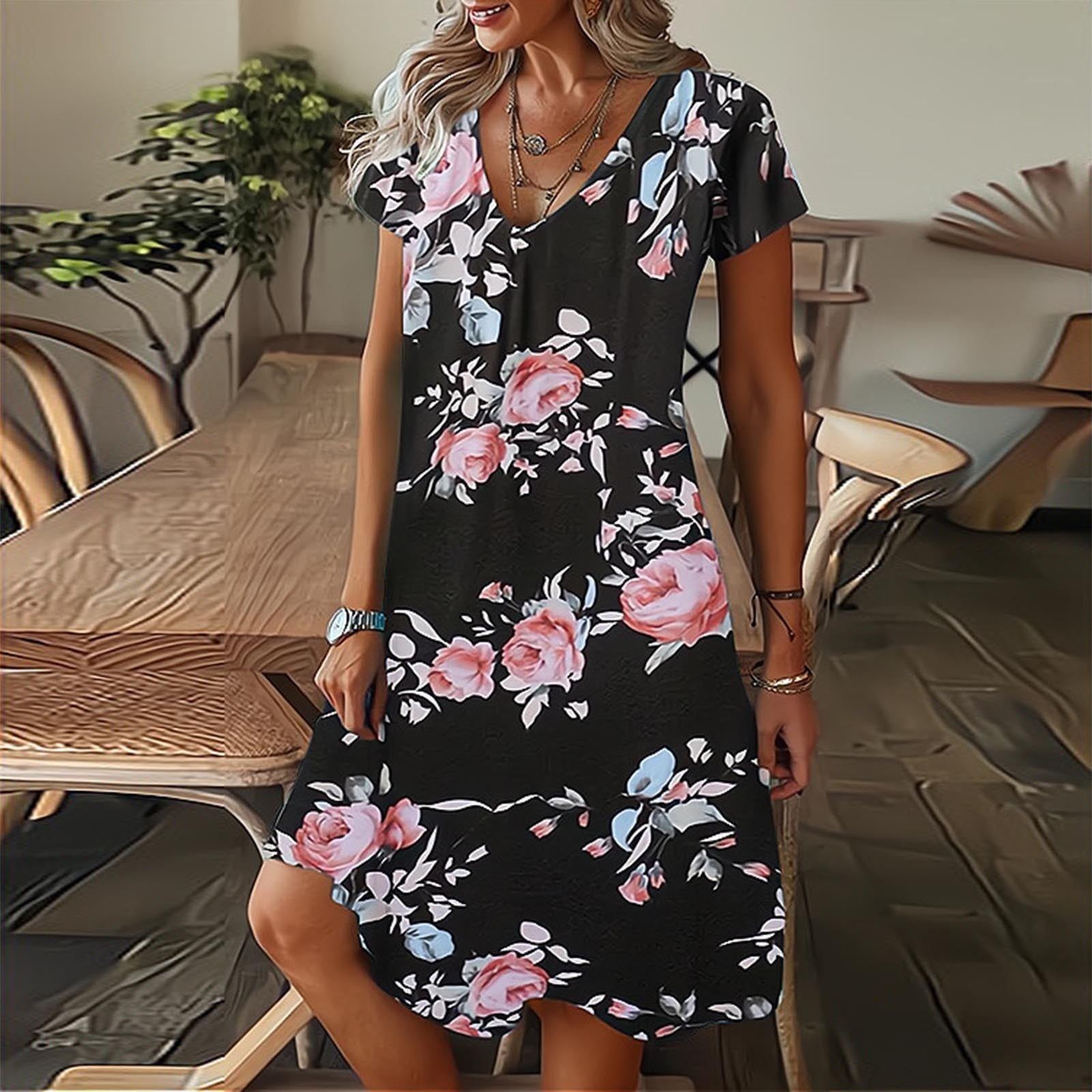 Dresses for Women Summer 2023 Clothing Short Sleeve V-Neck Mini Dress Elegant Vintage dresses - Jointcorp