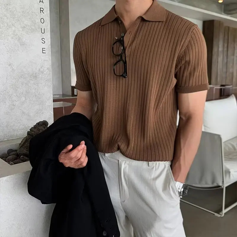 Summer Men's Clothing Retro Knit Lapel Striped Polo Shirt Solid Color Short Sleeve Fashion Simple Casual Male Tops Size M-2XL