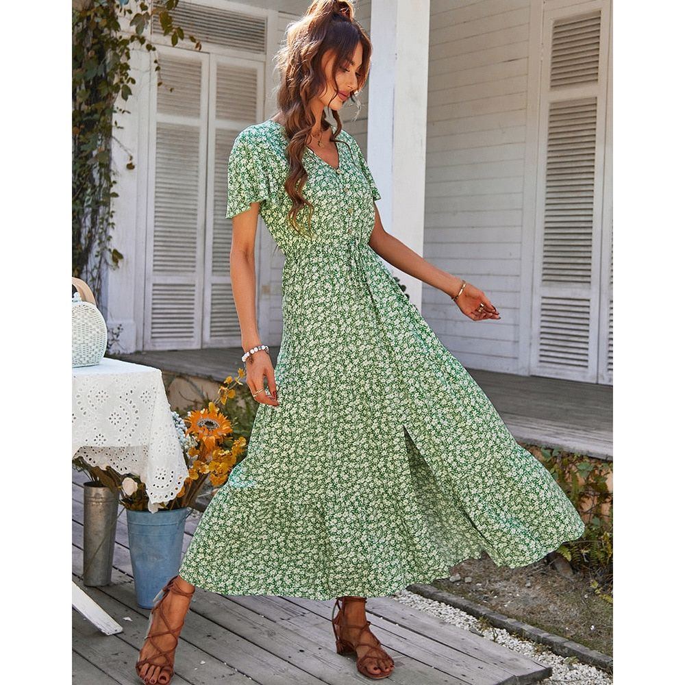 Vintage Floral Dresses for Women Elegant Loose New Slit Dress Summer Beach Holiday Leisure Long Dresses - Jointcorp