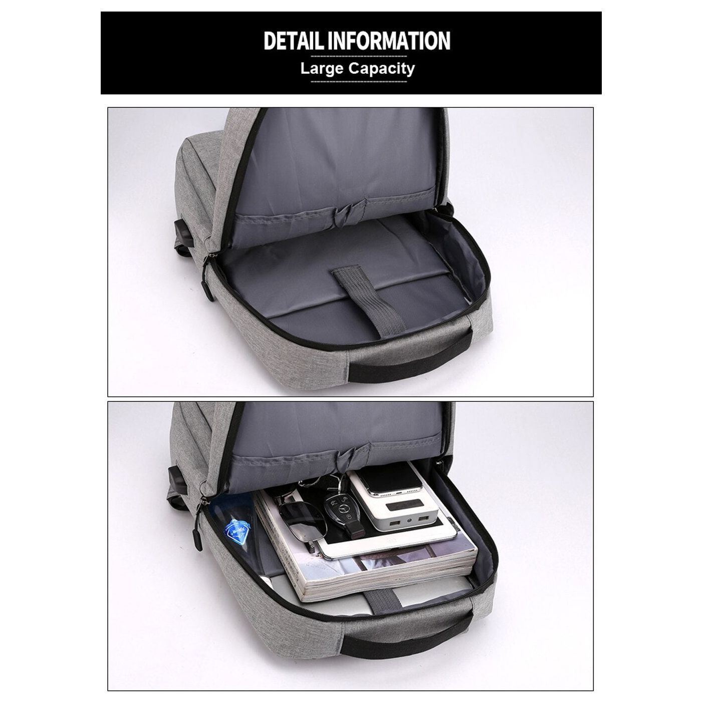 Business Style Black Gray Unisex USB Charging Laptop Backpack Bag