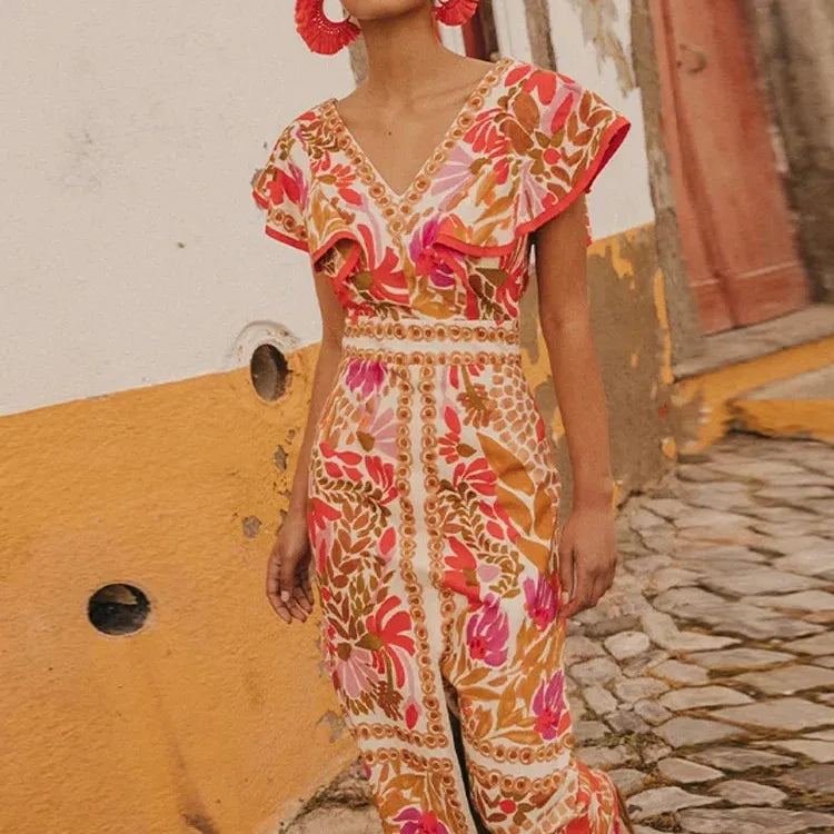 Vintage Boho Backless Flying Sleeves Print Dress Women Elegant V Neck Split Dresses 2024 Summer Chic Female Street Vestidos