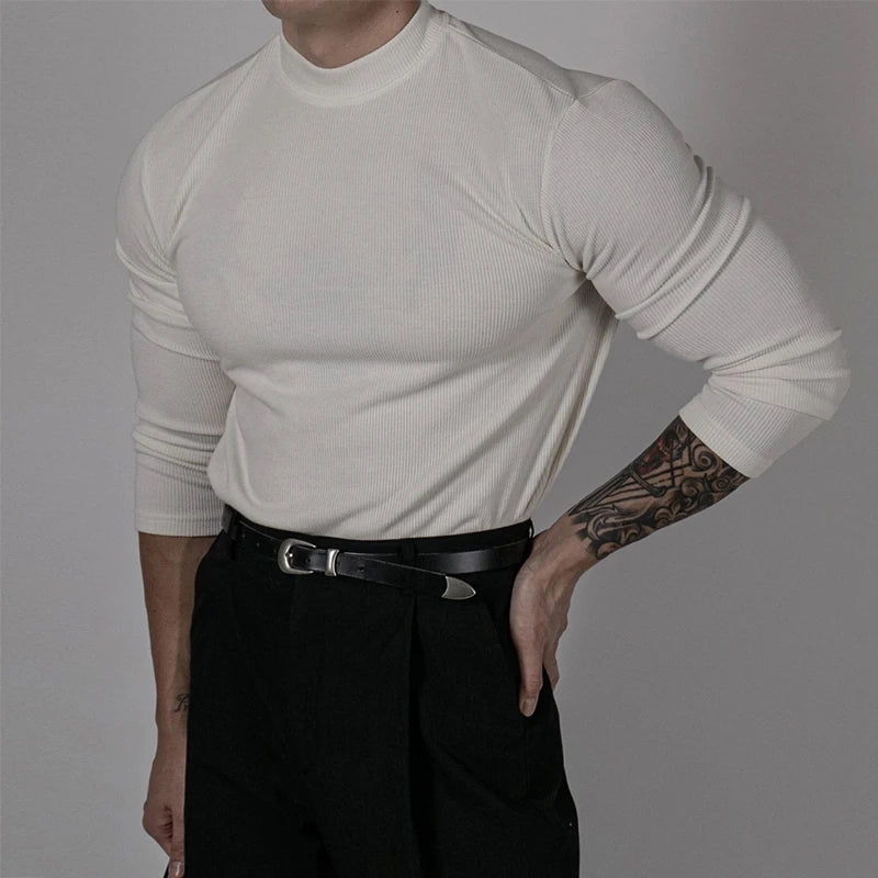 Fashionable Ribbed Solid Color Bottoming Tee Men Autumn Casual Mock Neck Long Sleeve Slim T-shirt For Mens Stylish Basic T Shirt
