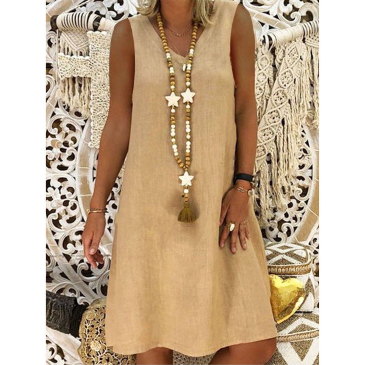 Retro Tank Dress Summer Women Dress Cotton Linen V Neck Sleeveless Solid Beachwear Casual Women's Clothing Vintage dresses - Jointcorp