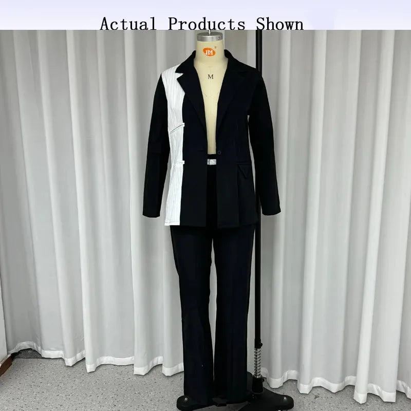 Women Blazer Suit Autumn Office Fashion Splicing Lapel Single Button Long Sleeve Top Loose With Pockets Pants Sets