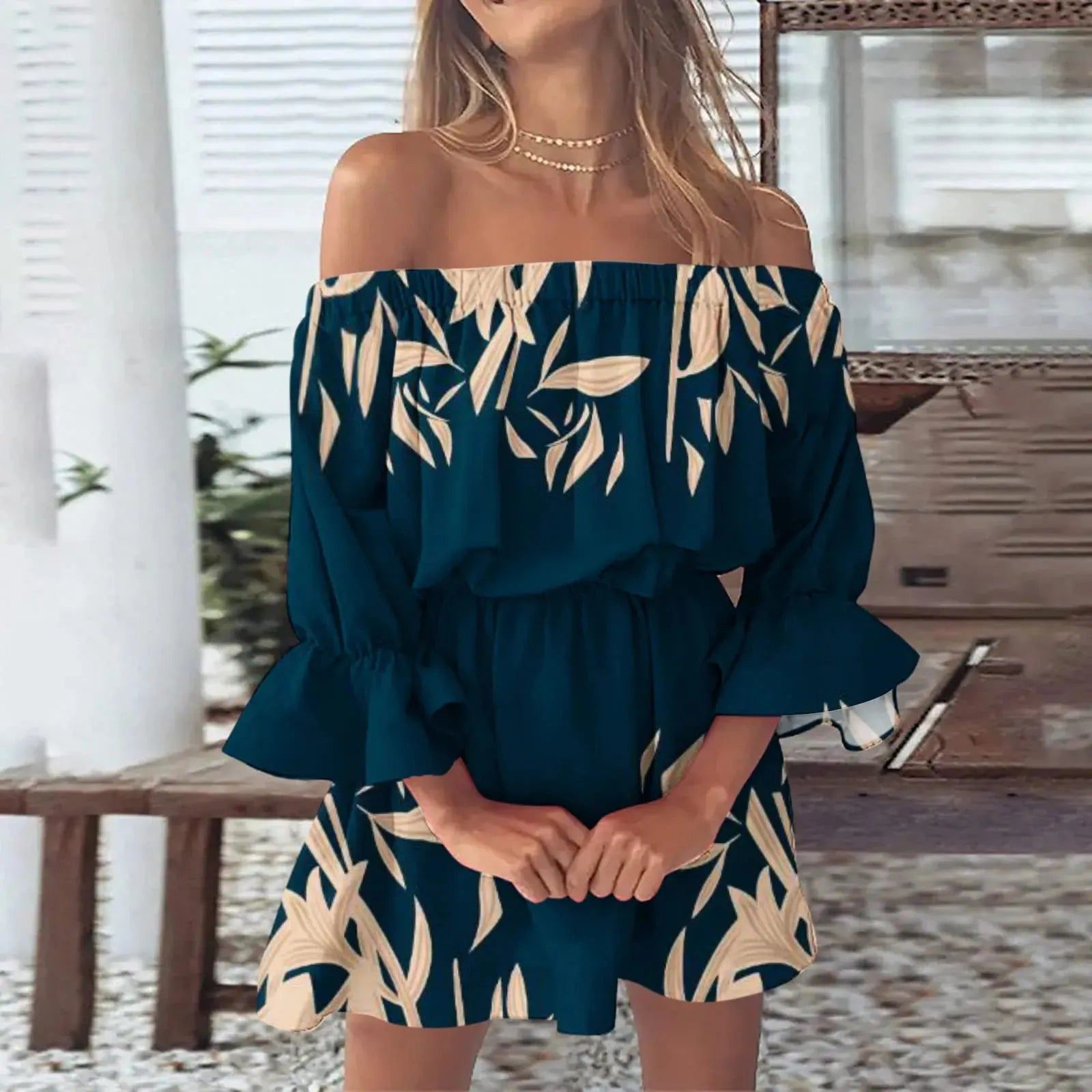 Boho Dresses for Women 2023 Summer Sexy Off Shoulder Floral Print Flare Sleeve Tunic Dress Women Casual Mini Sundress Vestido
