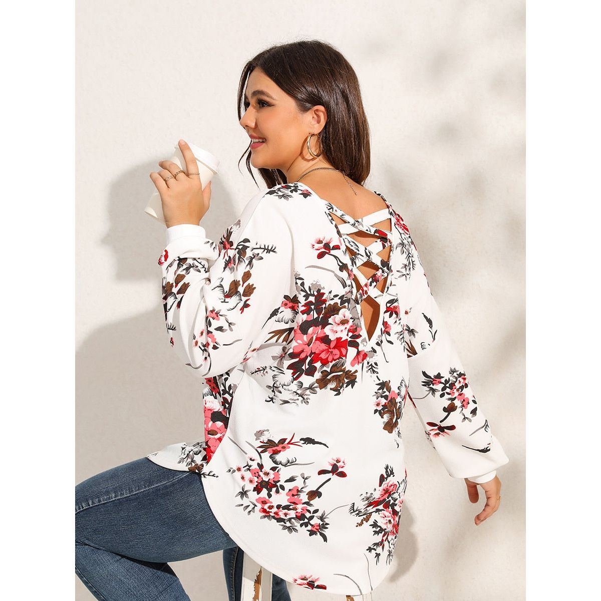 Plus Size Women Blouse 2023 New Floral Print Criss Cross Back Blouses Curved Hem Top Elegant Women's Clothing - Jointcorp