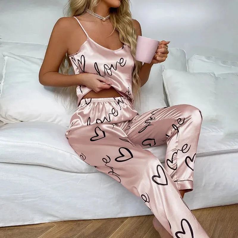 Two Pieces Women's Pajamas Set Summer Shorts Suit Heart Print Underwear V Neck Pyjamas Sexy Lingerie Camisoles Ladies Loungewear - Jointcorp