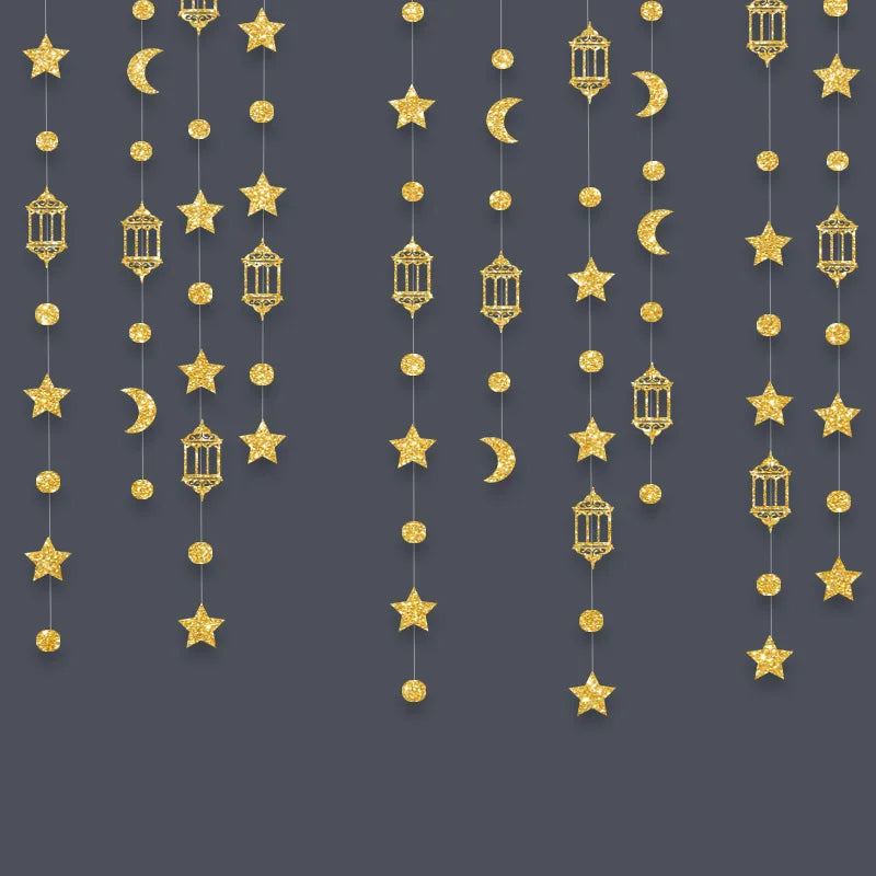 Glitter Paper Gold Star Moon Garlands Streamer Eid Mubarak Hanging Ornaments Ramadan Kareem Decor Banner Muslim Party Supplies