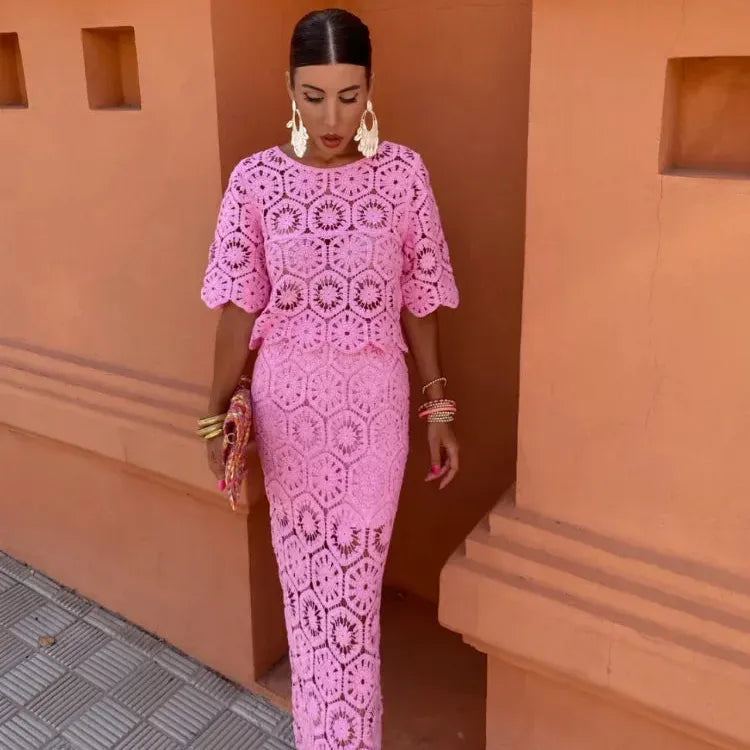 Women Elegant White Crochet Hollow Out Skirt Two Pieces Sets Chic Half Sleeve Top Set 2024 Lady Summer Holiday Party Outfit