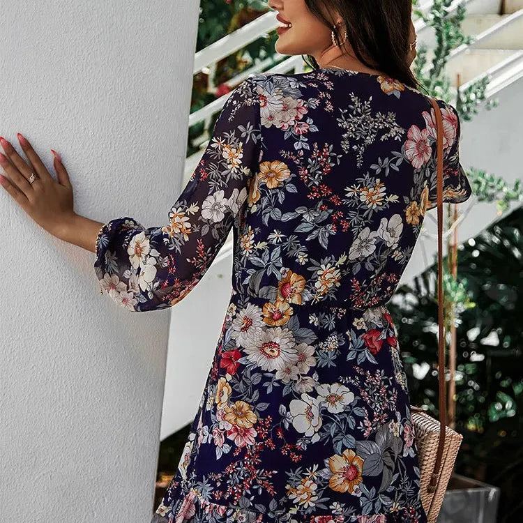 Spring Summer Floral Print Dress Women Full Sleeve Lace Up High Waist Chiffon Dress