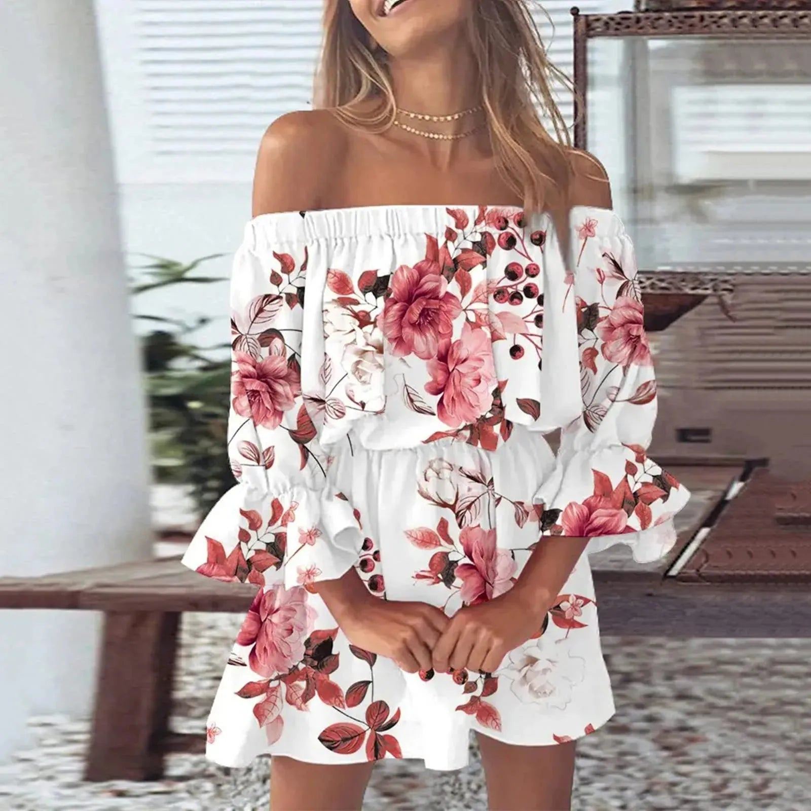 Boho Dresses for Women 2023 Summer Sexy Off Shoulder Floral Print Flare Sleeve Tunic Dress Women Casual Mini Sundress Vestido