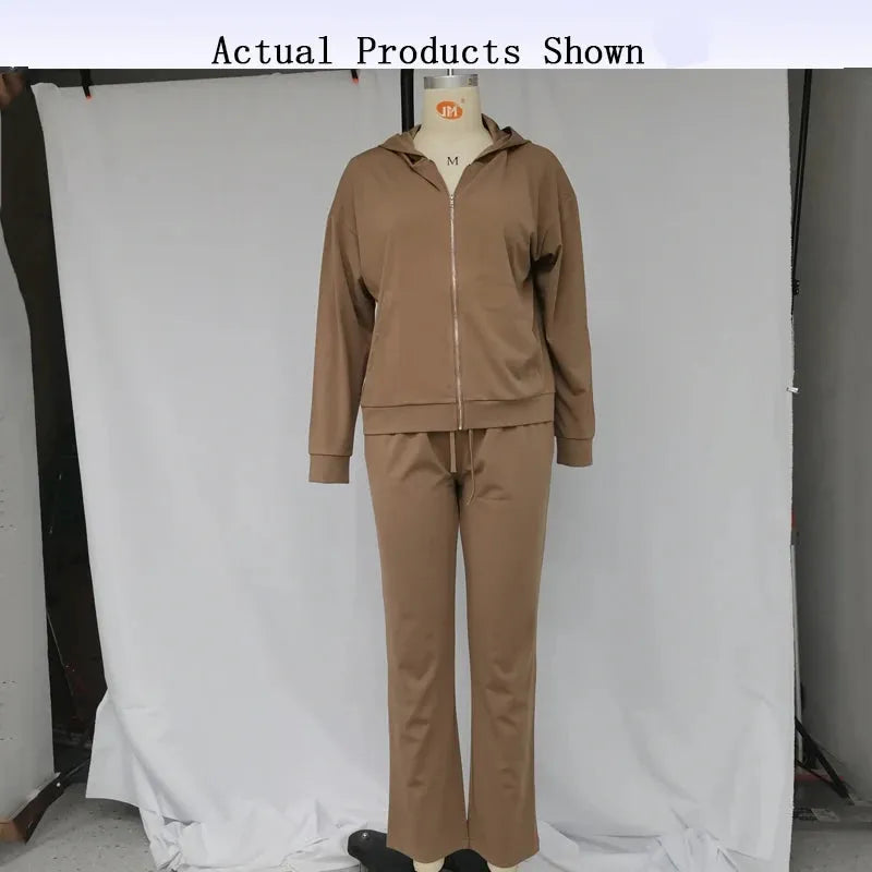 Women Two Piece Set Autumn Winter Casual Long Sleeve Solid Hooded Zippered Top Loose Pants Drawstring Lace Up Pant Set