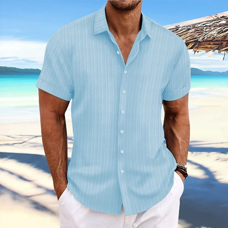 2024 Summer Beach Casual Shirts Men Short Sleeve Fashion Striped Texture Loose Shirt Daily Leisure Mens Clothes Vintage Cardigan