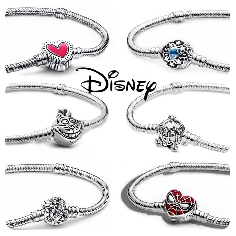 Disney 925 Sterling Silver Bracelet Moments Sparkling Mickey Mouse Heart Clasp Snake Chain Bracelet for Women DIY Charms Beads