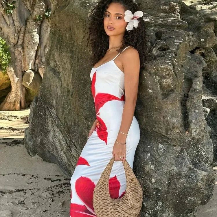 Chic Flower Print Women's Strap Maxi Dress For Women Elegant Sleeveless Backless Splited Slim Dresses Lady Beach Holiday Robe
