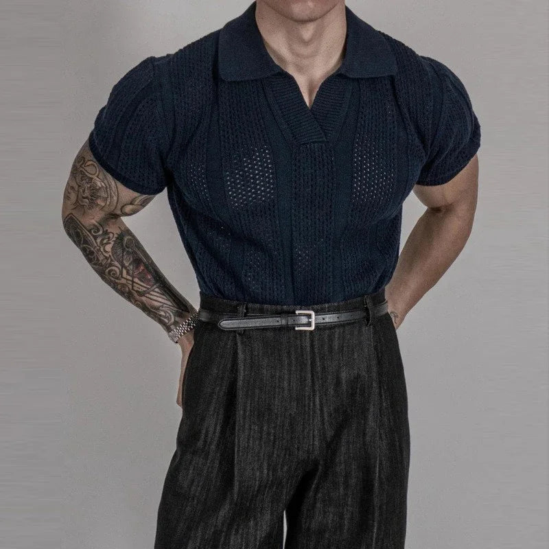 Vintage Slim Knitted Mens Polo Shirt Casual Short Sleeve Hollow Out Mesh Knit T Shirts Spring Summer Trendy Polo Collar Men Tops