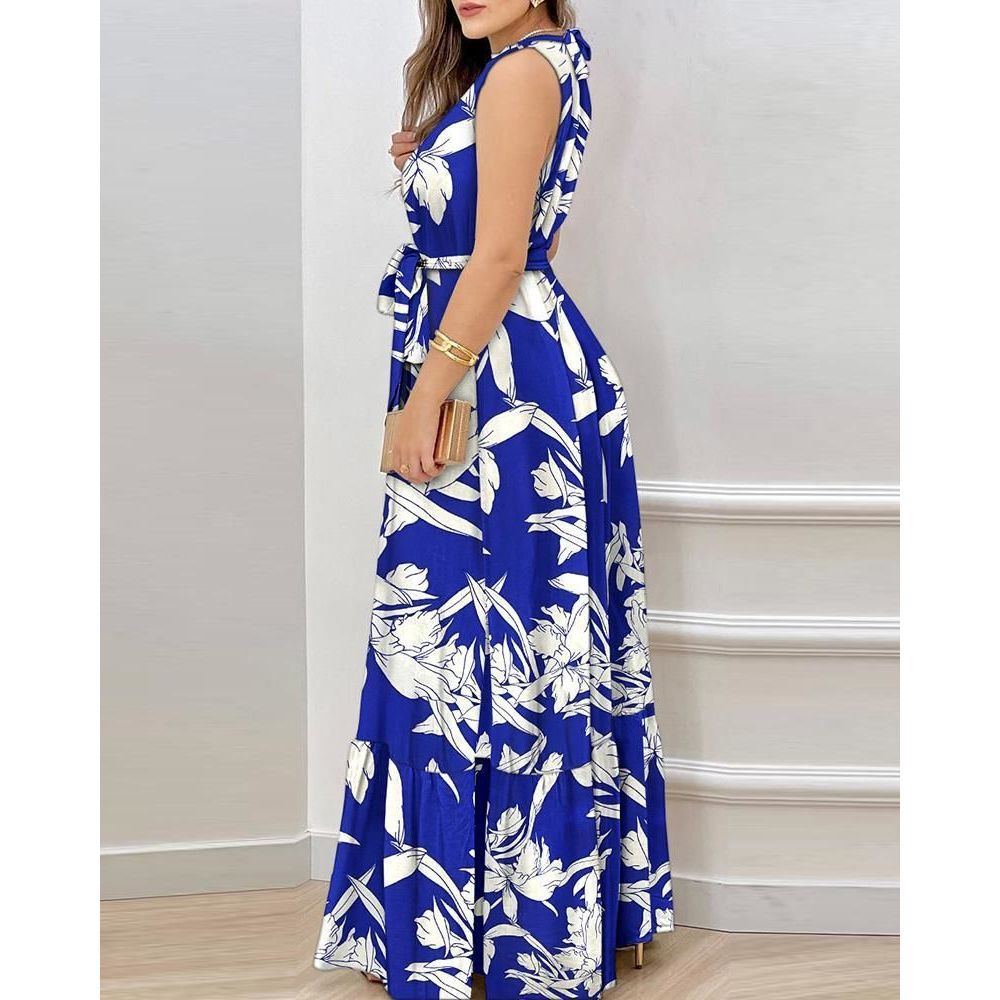 Summer New Hanging Neck Boho Dress Women's Printed Lotus Leaf Sleeveless Vintage Dresses - Jointcorp