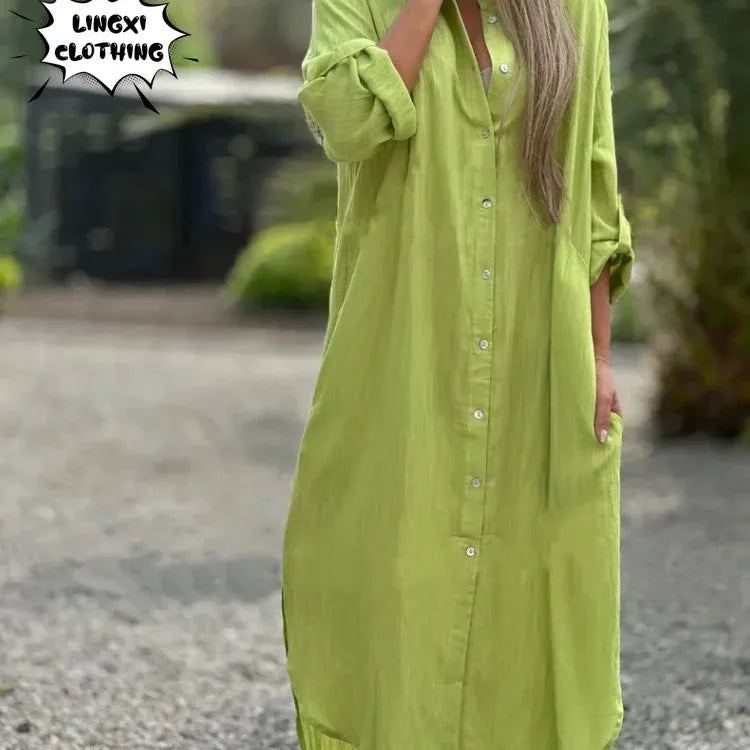Summer New Women's Cotton and Hemp Plus Size Dress Elegant Shirt Long Dress Fashionable Casual Long Sleeve Beach Style Dress