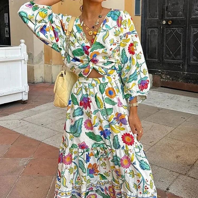 Women Elegant Cut Out Print Floral Pastoral Long Dress Fashion V-neck Lantern Sleeves Vestidos Summer Holiday Lady Street Robe