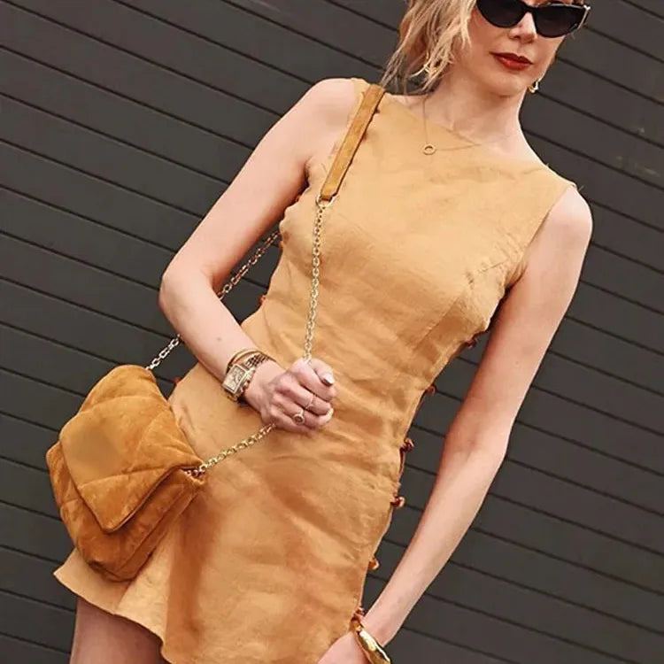 Chic Side Beaded Hollow Out Women Mini Dresses O-neck Backless Sleeveless Slim Dress 2024 Spring Lady High Street Vestidos