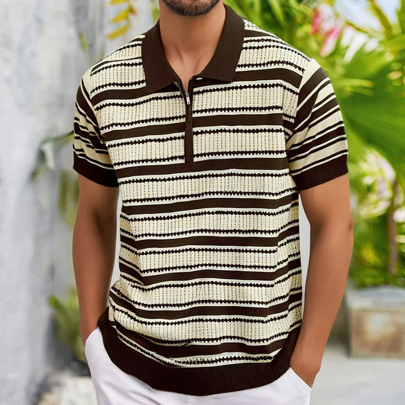 Fashion Striped Knitting Polo Shirts Men Short Sleeve Zip-up Polo Collar Shirt For Men Spring Summer Vintage Knitted Polo Shirt