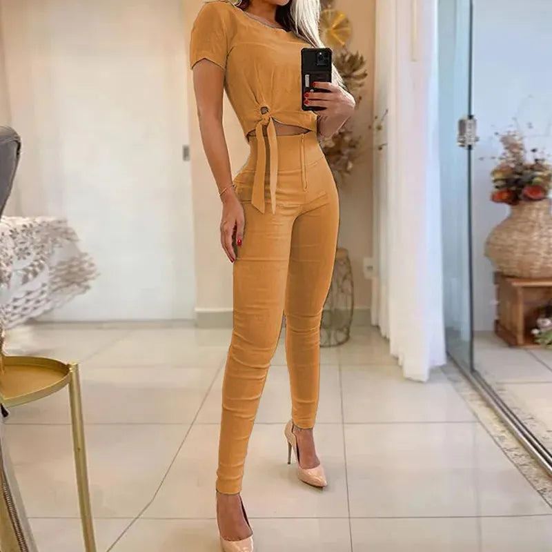 Women Two Piece Set Summer Casual Solid Round Neck Lace Up Short Sleeve Top Sim With Pockets Pants Sets Streetwear