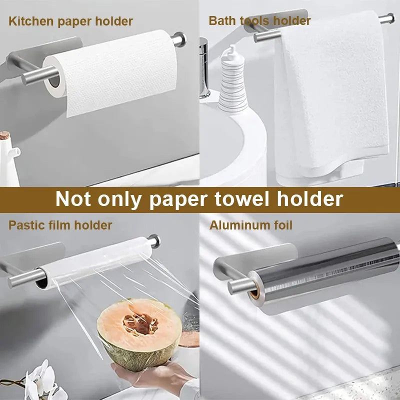 Stainless Steel Paper Towel Holder Under Cabinet Adhesive Toilet Roll Paper Holder Lengthen Tissue Hanger For Kitchen Bathroom