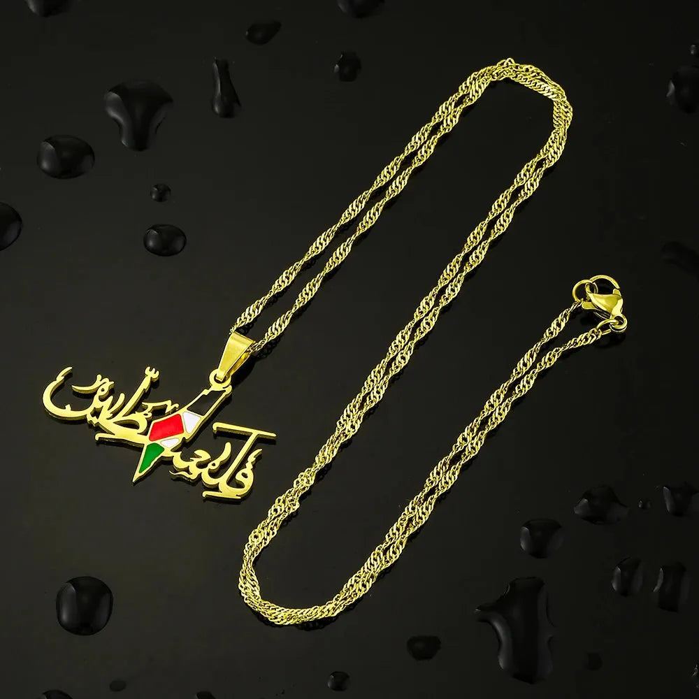 Fashion State of Palestine Map Flag Pendant Necklace Stainless Steel Gold Silver Color Men Women Ethnic Maps Jewelry Gift