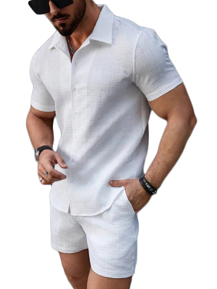 Leisure Breathable Beach Two Piece Suits Mens Summer Casual Short Sleeve Shirt And Shorts Men Outfits Vintage Textured Solid Set